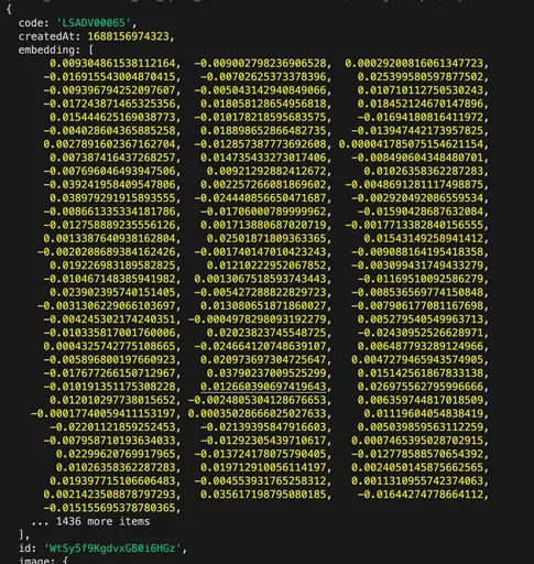 Image 1 for This is from my terminal, printed before I deleted I recreated the document, so you can see the embedding field was present.