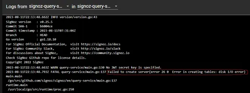 Image 1 for ah, ok I've sort of proven that now.   Redirecting the query service to use a hostPath temporarily for the signoz.db file, the query service comes up.    Anyone have any idea why I cannot use an NFS provision for signoz.db file without getting:  ?   The issue is definitely NFS related