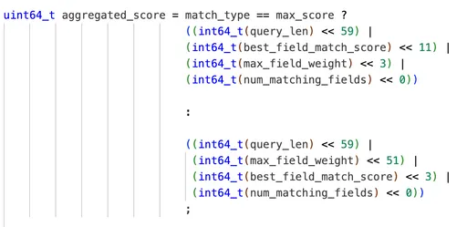 Image 1 for I think I found the relevant code which helps me understand. But intuitively I would've thought that the scoring is based on some linear combination of the matches in the fields with the field weights as coefficients. It's that something you've considered and scrapped? Would be interested to hear!