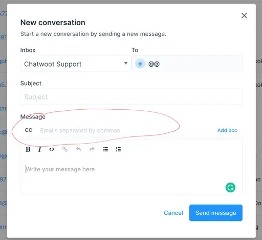 Image 1 for when creating a new conversation you can add cc by using the cc field