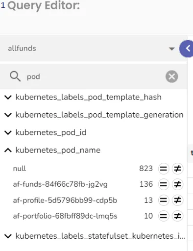 Image 1 for Now, the kubernetes_pod_names field is displaying null value and along with other pod names..