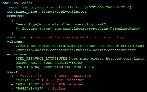 Image 1 for On docker-compose.yaml, I have configured the 54527 port to be opened for otel-collector<br>And on the otel-collector-config.yaml, I have configrued a syslog receiver along with adding that receiver under the service section