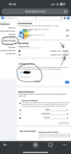 Image 1 for I'm also set chatwoot installation domain in facebook page "new page experience -> Advanced messaging" and set handover protocol both "Instagram and messenger" to app I'm created in fb developer